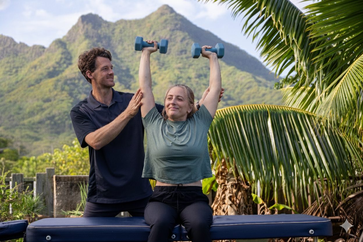 Evan spotting a patient during an overhead dumbbell strengthening exercise