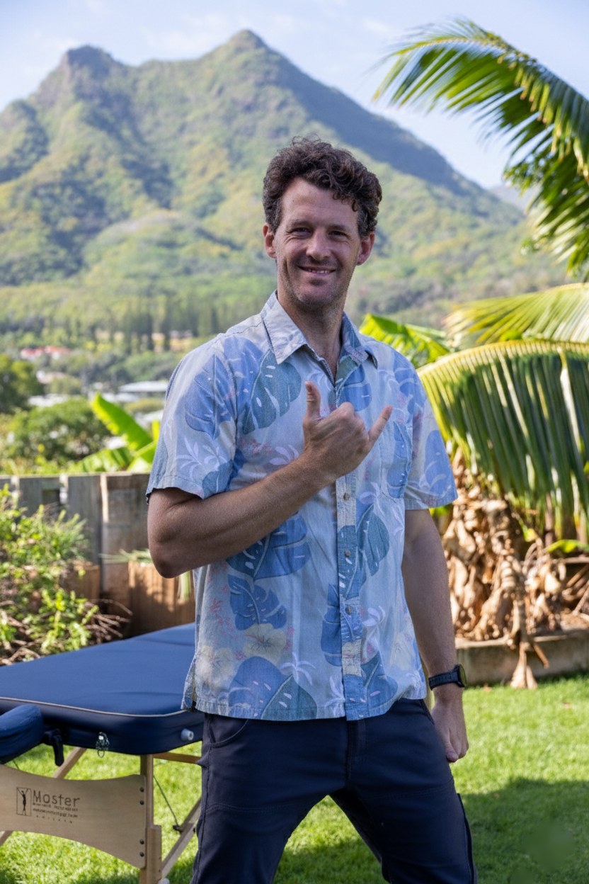 Evan Lewis, Doctor of Physical Therapy, owner of Olomana Mobile Physical Therapy, with the Olomana ridge behind him